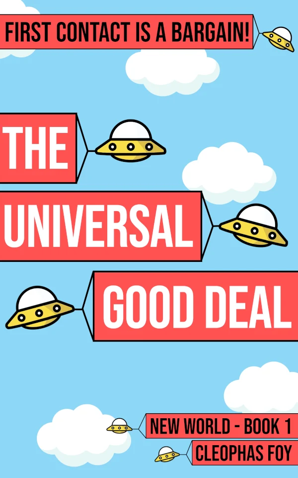 The Universal Good Deal book cover, featuring cartoon flying saucers and bold red lettering against a blue sky